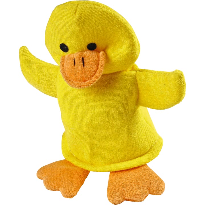 Eine gelbe Entenhandpuppe aus weichem Stoff mit orangefarbenen Füßen und Schnabel, schwarzen Augen und ausgebreiteten Flügeln, dargestellt vor einem weißen Hintergrund.