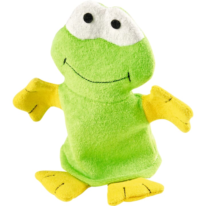 Eine grüne Froschhandpuppe mit großen weißen Augen, einem aufgestickten schwarzen Lächeln, gelben Händen und gelben Füßen wird vor einem weißen Hintergrund gezeigt.