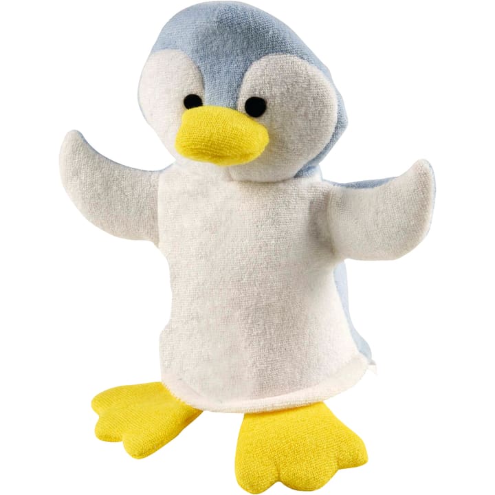 Eine Plüschpinguin-Handpuppe mit hellblauen Flügeln und Kopf, weißem Gesicht und Körper, gelbem Schnabel und gelben Füßen, dargestellt vor einem weißen Hintergrund.