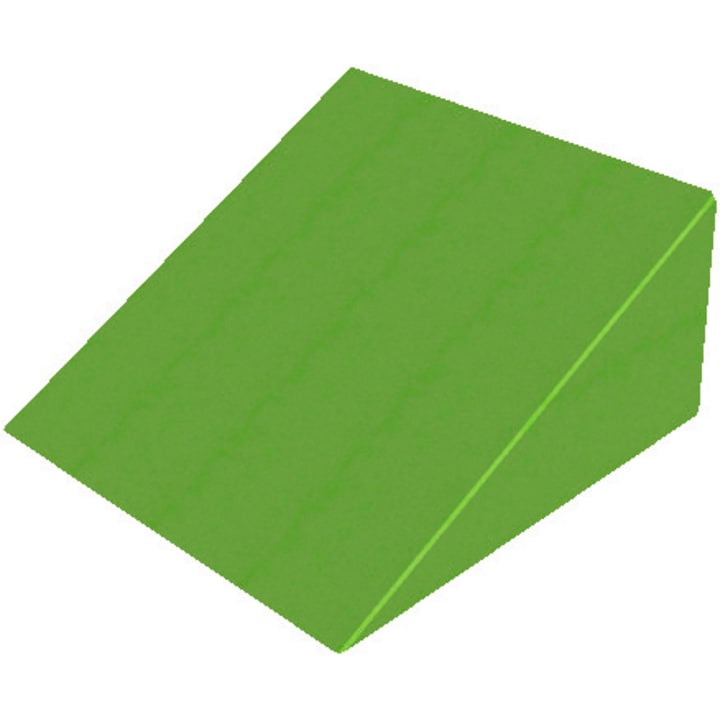 Eine 3D-Darstellung eines grünen rechtwinkligen Prismas auf weißem Hintergrund. Das Prisma hat eine rechteckige Grundfläche und zwei dreieckige Seiten.