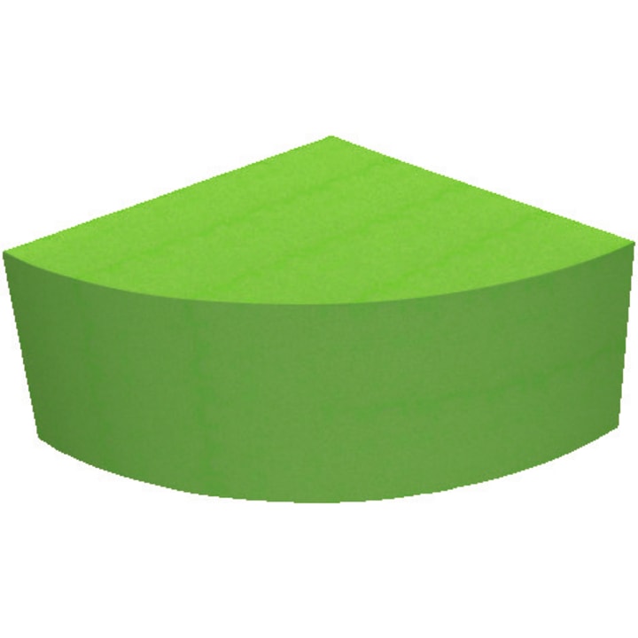 Eine geometrische 3D-Form mit einer gebogenen Vorderseite und einer flachen Rückseite, die einem grünen Zylindersegment oder einem Keil ähnelt, dargestellt vor einem weißen Hintergrund.