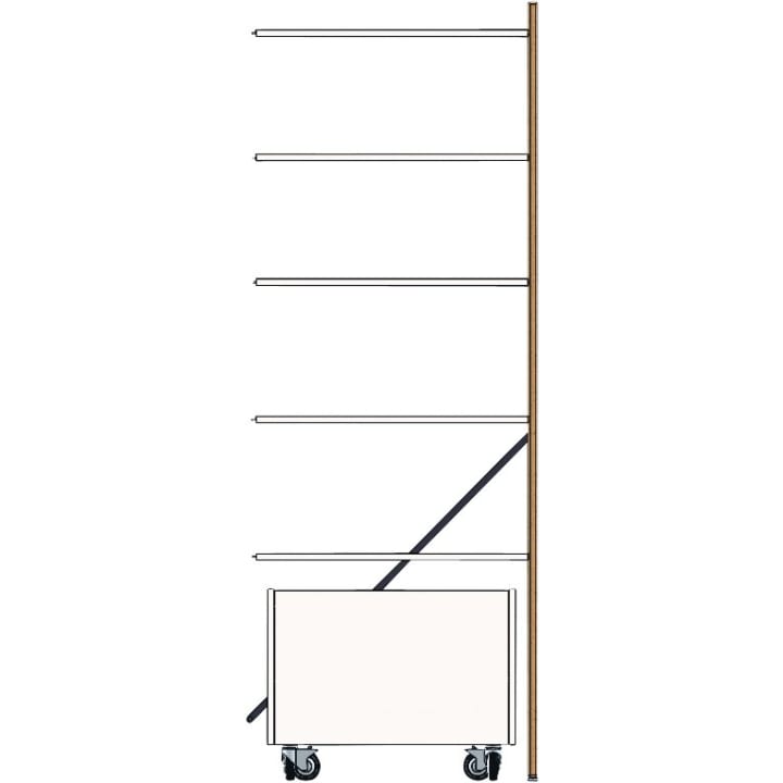 Schema eines Hochregals auf Rädern mit vier gleichmäßig verteilten Regalböden und einem rechteckigen Sockel am unteren Ende. Eine diagonale Tragestange verbindet den Sockel mit dem oberen Teil.