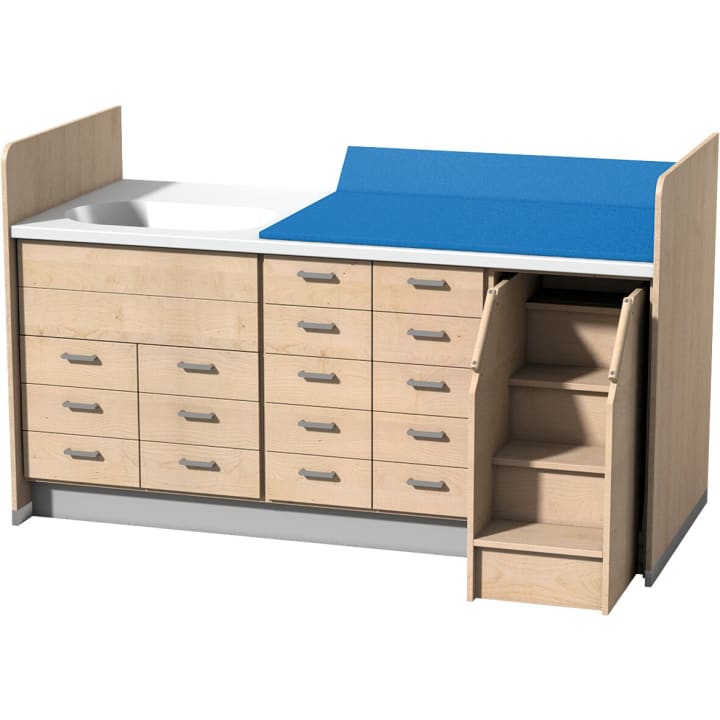 Wickelanlage mit 16 Schubkästen und Badebecken aus Mineralwerkstoff