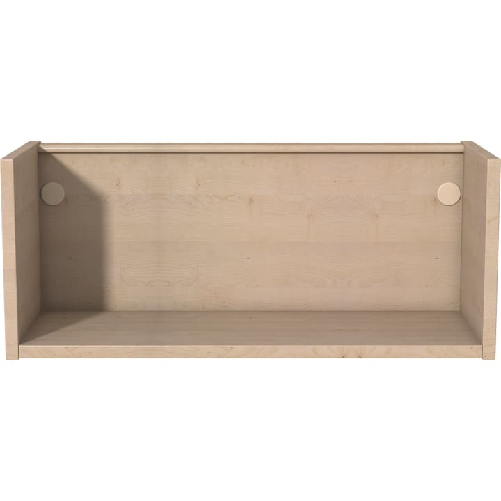 Unmontierter Schrankkasten aus hellem Holz mit einer glatten Rückwand und zwei kreisförmigen Ausschnitten, einer auf jeder Seite in der Nähe der Rückseite. Der Schrank ist leer und hat keine Regale, Türen oder Beschläge angebracht.