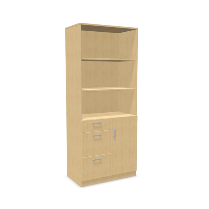 Ein Bücherregal aus hellem Holz mit zwei offenen Regalen oben, zwei Schubladen und einem Schrank mit einer Tür unten, mit silbernen Griffen. Der Hintergrund ist einfarbig weiß.