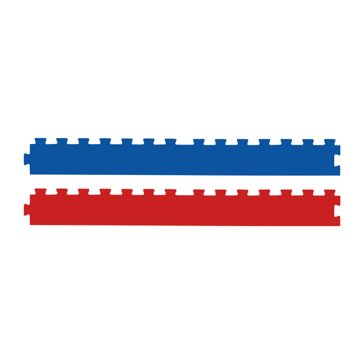 Zwei lange rechteckige, ineinander greifende Schaumstoffstreifen, ein blauer und ein roter, mit puzzleartigen Rändern, sind parallel zueinander auf einem weißen Hintergrund angeordnet.