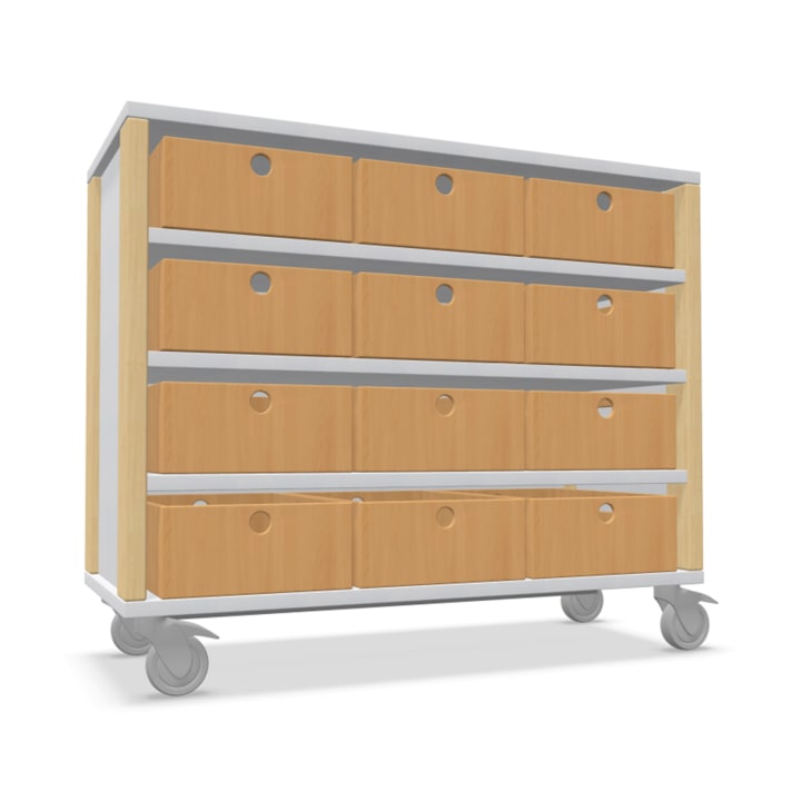 Schrank Linus mit 12 Materialkästen, B 110,4 x H 93,4  (mit Rollen) x T 45,7 cm