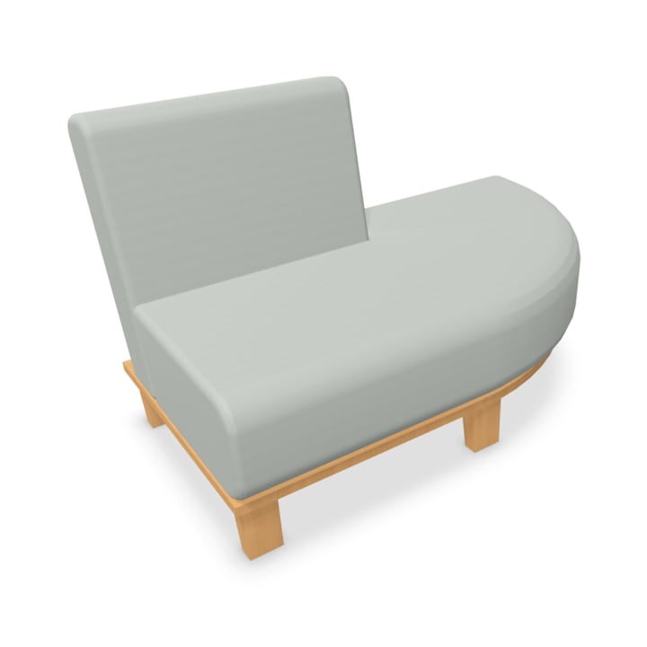 Ein modernes Sofasofa ohne Armlehnen mit hellgrauem Kissen und Holzgestell, mit gerader Rückenlehne und abgerundeter rechter Seite. Der Stuhl ist auf einem weißen Hintergrund platziert.