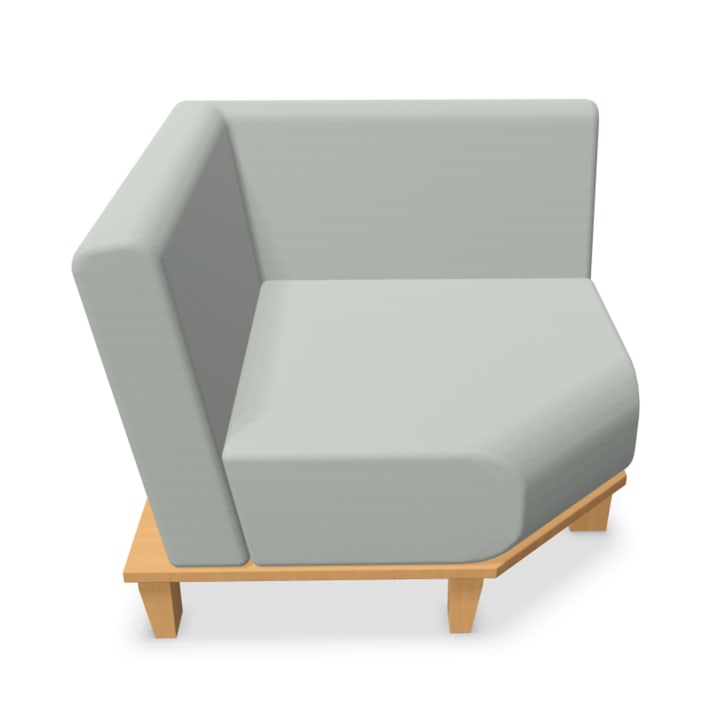 Ein graues, gepolstertes Ecksofa mit Holzsockel und -beinen auf weißem Hintergrund. Das Sofa hat zwei Rückenlehnen, die einen rechten Winkel bilden.