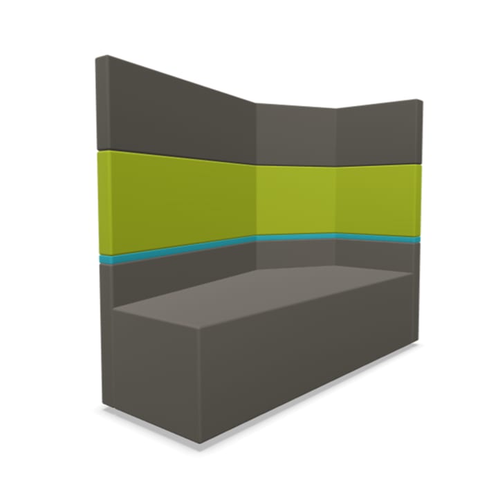 Eine moderne Bank mit hoher Rückenlehne, grauem Sockel, grünem Mittelteil und einem dünnen blauen Akzentstreifen. Die Bank hat klare Linien und ein kantiges, eckiges Design.