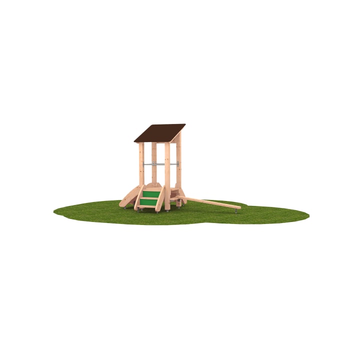 Spielplatz aus Holz mit einer Rutsche, Stufen, einem kleinen Dach und einem kurzen Balancierbalken auf einem Stück grünem Kunstrasen vor weißem Hintergrund.