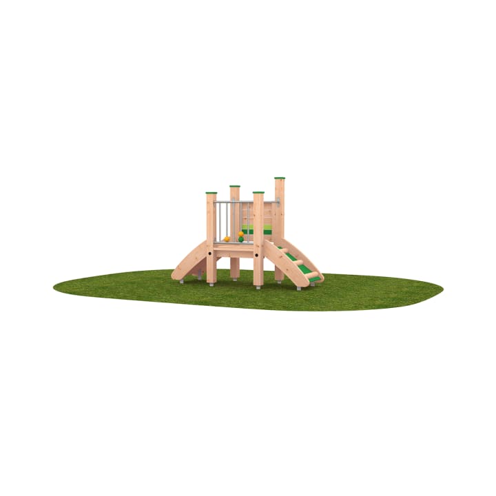 Ein kleines Spielgerät aus Holz mit einer Rutsche und Klettermöglichkeiten steht auf einem Stück grünen Kunstrasen. Die Struktur besteht aus vertikalen Pfosten, einer kleinen geschlossenen Plattform und einer Treppe.