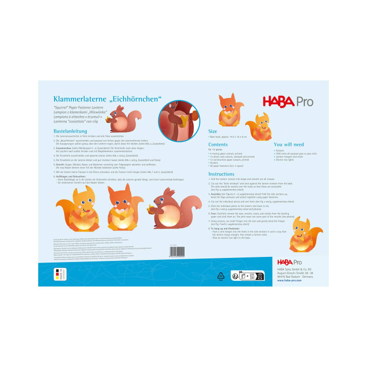 Produktinformationsblatt für ein Eichhörnchen-Laternen-Bastelset von HABA Pro, mit Abbildungen einer fertigen Eichhörnchen-Laterne und Montageschritten, sowie Anleitungen und Inhaltsangaben in Deutsch und Englisch.