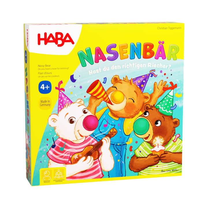 Eine bunte Spielschachtel mit dem Titel NASENBÄR von HABA, auf der drei Cartoon-Bären mit Partyhüten und bunten Nasen abgebildet sind, die Instrumente spielen und feiern. Auf der Schachtel steht, dass es für Kinder ab 4 Jahren geeignet ist.