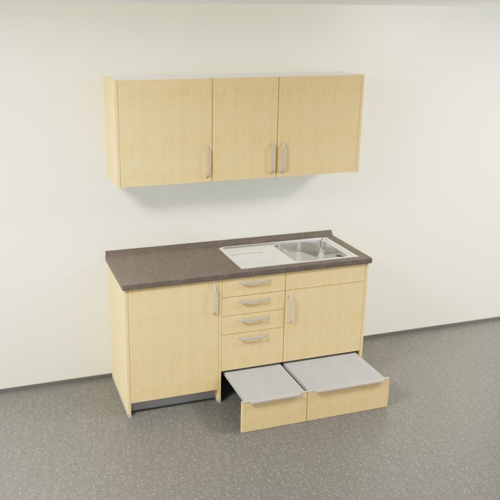 Küchenblock für den Kita-Speiseraum, mit Kühlschrank und Edelstahlspüle