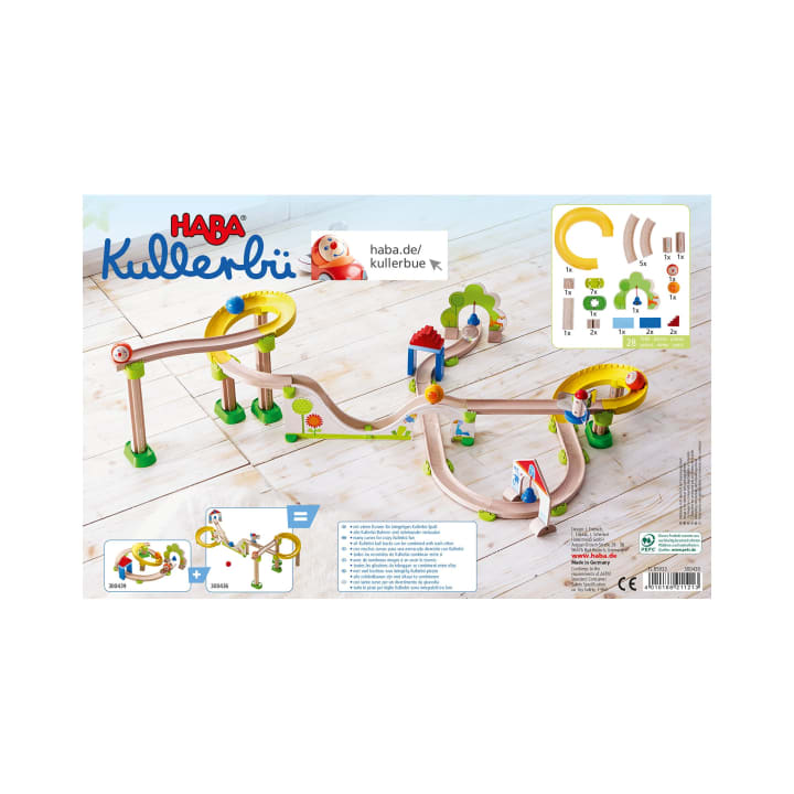 Die Rückseite einer HABA Kullerbü-Spielzeugschachtel zeigt eine zusammengebaute Kugelbahn mit Holzschienen, Rampen und Zubehör sowie Abbildungen der enthaltenen Teile und Anleitungen auf weißem Hintergrund.