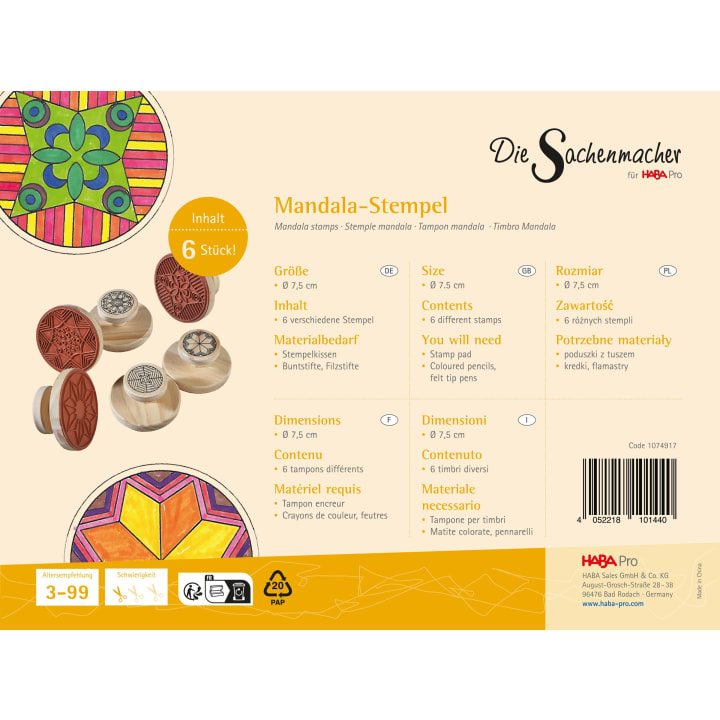 Eine Produktverpackung für Die Sachenmacher Mandala-Stempel mit sechs runden Mandala-Stempeln mit Holzgriffen. Der Hintergrund enthält Mandala-Motive und Details in Deutsch, Englisch, Französisch, Polnisch und Italienisch.