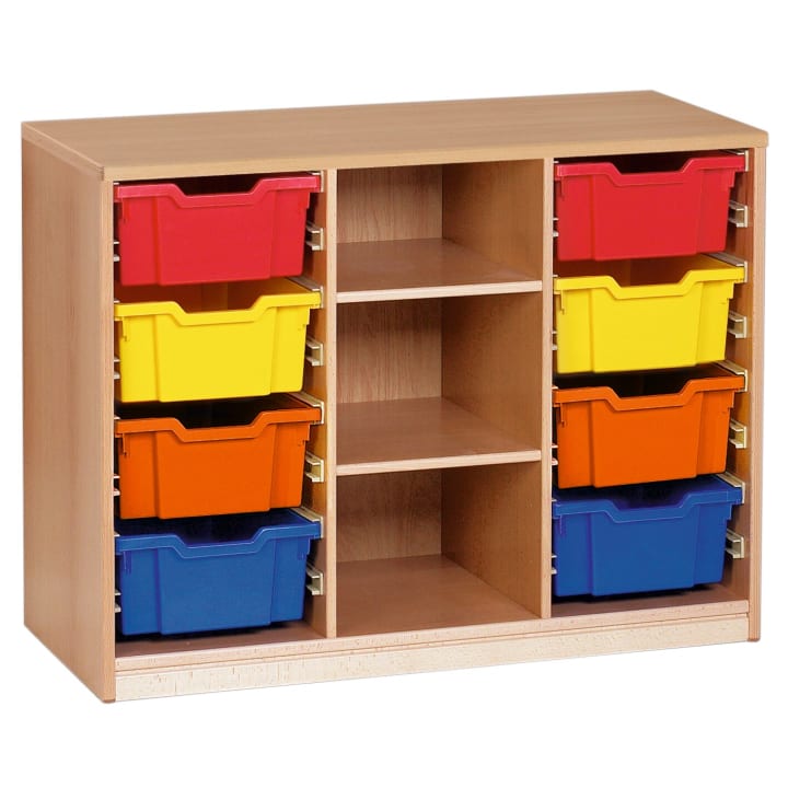 Ein hölzerner Schrank mit drei offenen Regalen in der Mitte und sechs bunten Plastikbehältern - rot, gelb und blau -, die in zwei vertikalen Säulen auf beiden Seiten gestapelt sind.