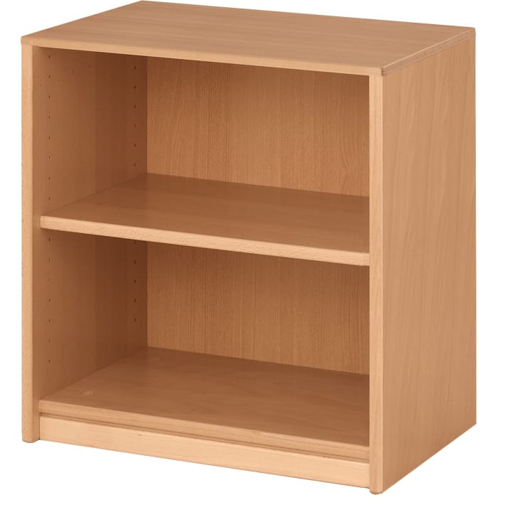 Ein Bücherregal aus Holz mit zwei Regalen und einem verstellbaren mittleren Fachboden, hergestellt aus hellem Holz. Das Regal ist leer und hat ein einfaches, rechteckiges Design.