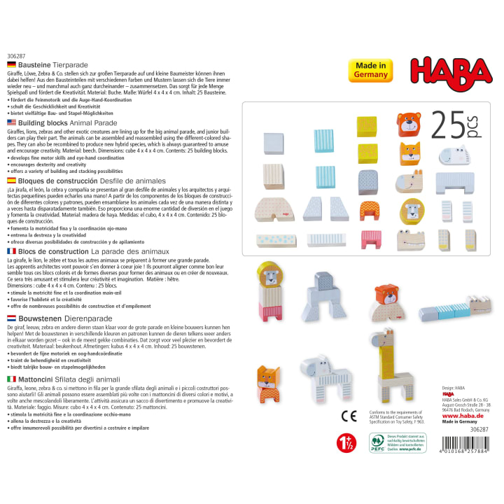 Eine Produktverpackung für das HABAs Building Blocks Animal Parade Set mit Bildern und Beschreibungen von 25 Holzklötzen mit Tiermotiven. Die Schachtel enthält Abbildungen der Bausteine und Text in mehreren Sprachen.