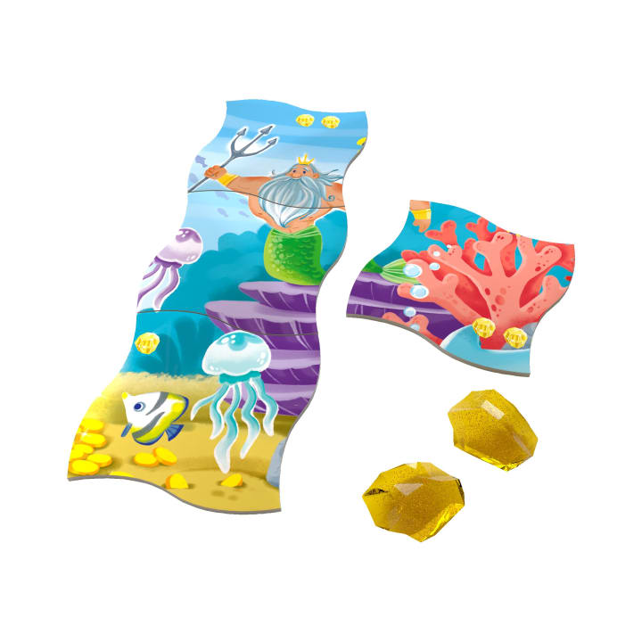 Eine Illustration von zwei gebogenen Puzzleteilen mit einem Unterwasserthema, die einen König mit einem Dreizack, einen Fisch, eine Qualle, Korallen, Goldmünzen und zwei separate gelbe edelförmige Spielsteine zeigen.