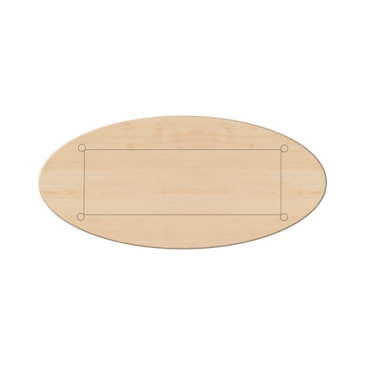 Eine ovale Tischplatte aus hellem Holz mit einem schwachen rechteckigen Umriss und Kreisen an jeder Ecke, von oben betrachtet auf weißem Hintergrund.