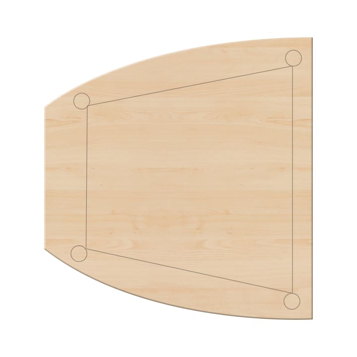 Eine Tischplatte aus hellem Holz mit einer gebogenen Kante an einer Seite und geraden Kanten an den anderen Seiten. Vier Kreise, die durch gerade Linien verbunden sind, bilden ein auf der Oberfläche gezeichnetes Viereck.