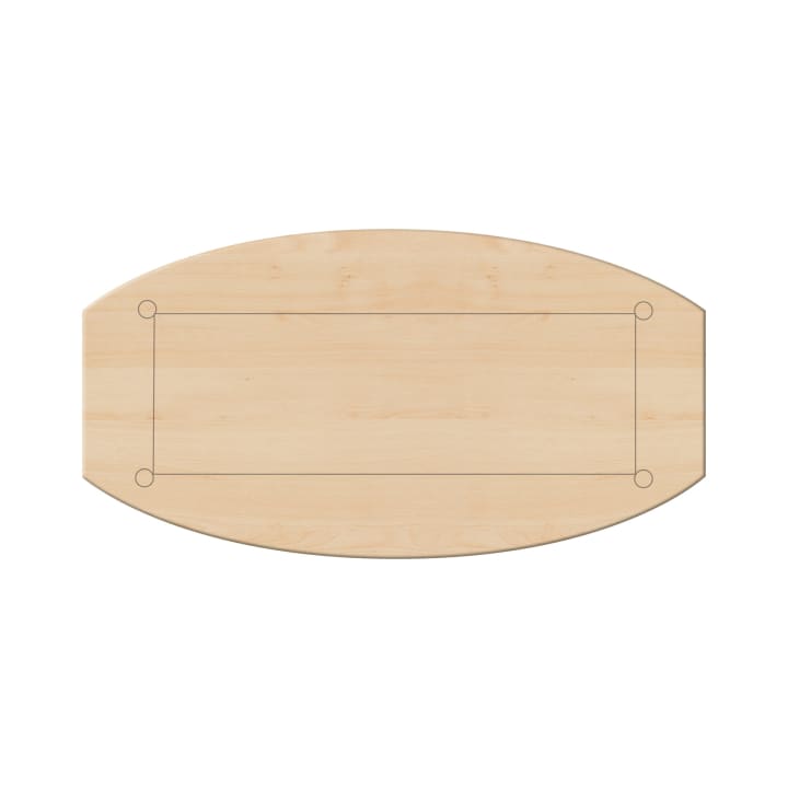 Draufsicht auf eine ovale, helle Holztischplatte mit rechteckigem Umriss und vier Kreisen an den Ecken innerhalb des Rechtecks.