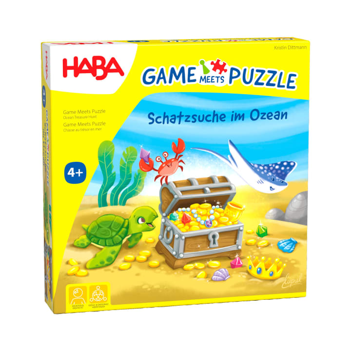 Eine gelbe HABA-Puzzlebox mit dem Titel "Game Meets Puzzle: Schatzsuche im Ozean". Das Cover zeigt eine Schildkröte, eine Krabbe und einen Rochen neben einer offenen Schatztruhe mit Goldmünzen und Juwelen unter Wasser. Für Kinder ab 4 Jahren.