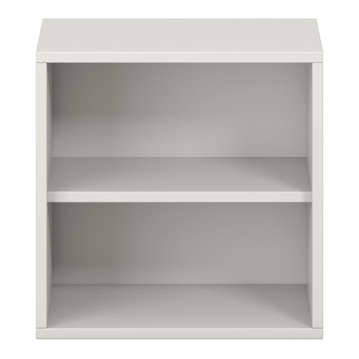 Ein weißes, rechteckiges Bücherregal mit zwei Fächern, offener Front, einfachem Design und glatter Oberfläche. Das Regal ist leer und wurde vor einem weißen Hintergrund fotografiert.