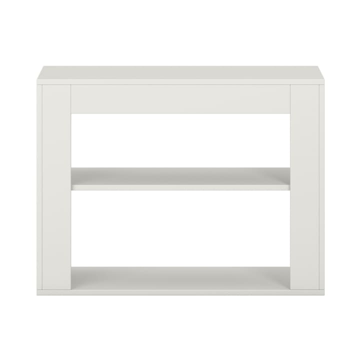 Ein weißes, rechteckiges Regal mit zwei offenen Regalböden und einer flachen Platte, dargestellt vor einem schlichten weißen Hintergrund. Das Design ist einfach und modern.