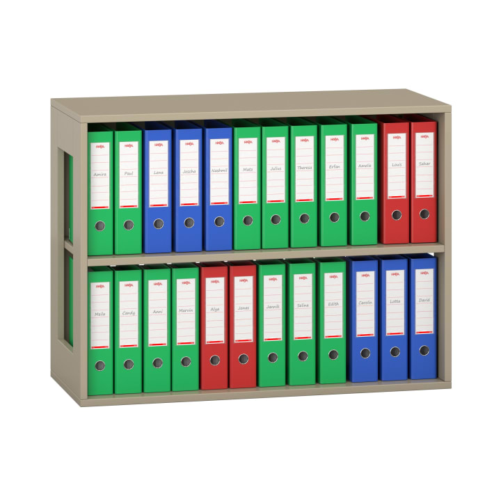 Ein beigefarbenes Holzregal mit zwei Reihen von jeweils zwölf Ringbüchern in abwechselnd grüner und roter Farbe, die alle aufrecht stehen und am Rücken beschriftet sind.