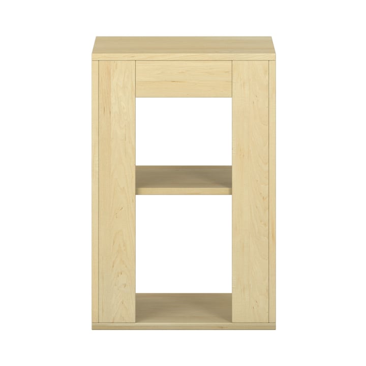 Ein kleines, rechteckiges Regal aus hellem Holz mit einem zentralen Fachboden, der zwei offene Fächer bildet. Das Design ist einfach und modern, mit klaren Linien und einer natürlichen Holzoberfläche.