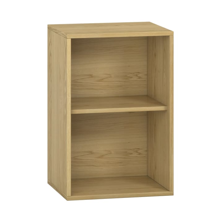 Kleines, rechteckiges Bücherregal aus Naturholz mit einem verstellbaren Einlegeboden und einer offenen Front.