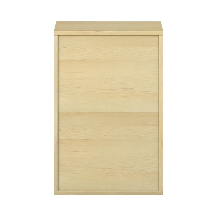 Ein Schrank mit zwei Schubladen aus hellem Holz mit einem einfachen, modernen Design. Der Schrank hat eine glatte Oberfläche und keine sichtbaren Griffe, die vor einem schlichten weißen Hintergrund fotografiert wurden.