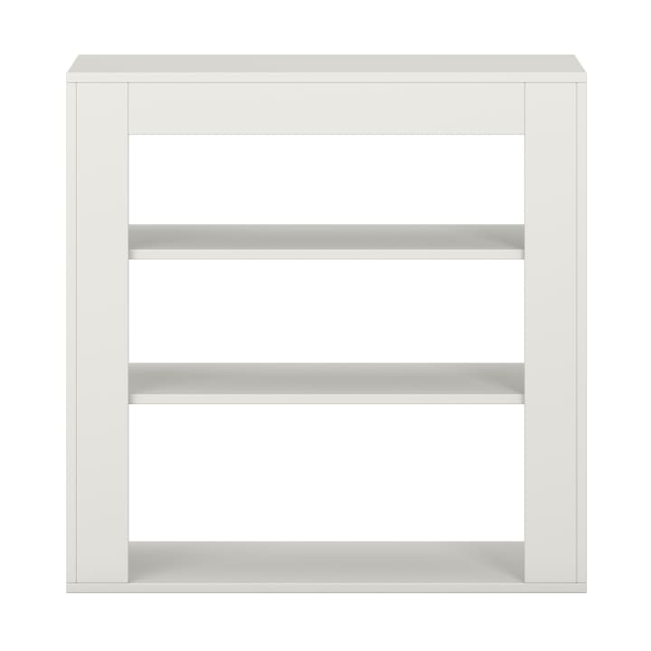 Weißes rechteckiges Regal mit drei offenen Fächern, von vorne gesehen vor einem schlichten weißen Hintergrund. Das Design ist minimalistisch und modern.
