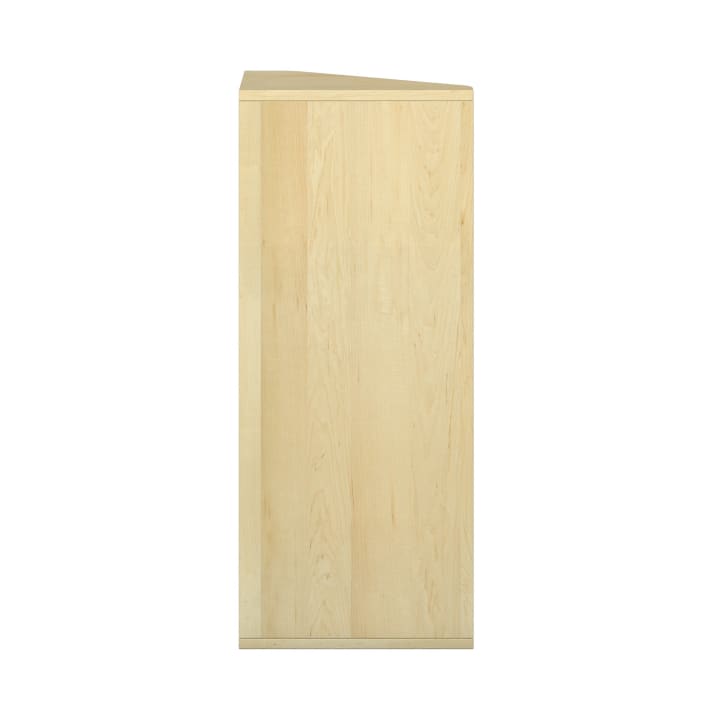 Ein Schrank aus hellem Holz in der Seitenansicht, der eine schlichte, flache Platte ohne Griffe oder sichtbare Elemente vor einem weißen Hintergrund zeigt.