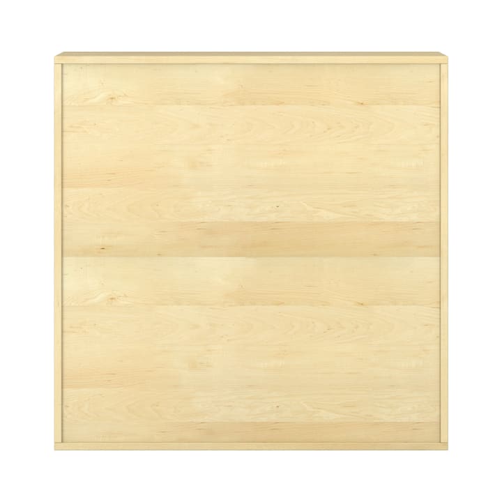 Ein quadratischer Schrank aus hellem Holz in minimalistischem Design, mit glatter Oberfläche und ohne sichtbare Griffe oder Verzierungen.