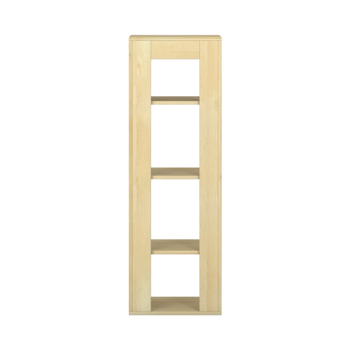 Ein hohes, rechteckiges Regal aus hellem Holz mit vier Regalböden, von vorne gesehen vor einem schlichten weißen Hintergrund. Die Regale sind gleichmäßig verteilt und das Design ist einfach und modern.