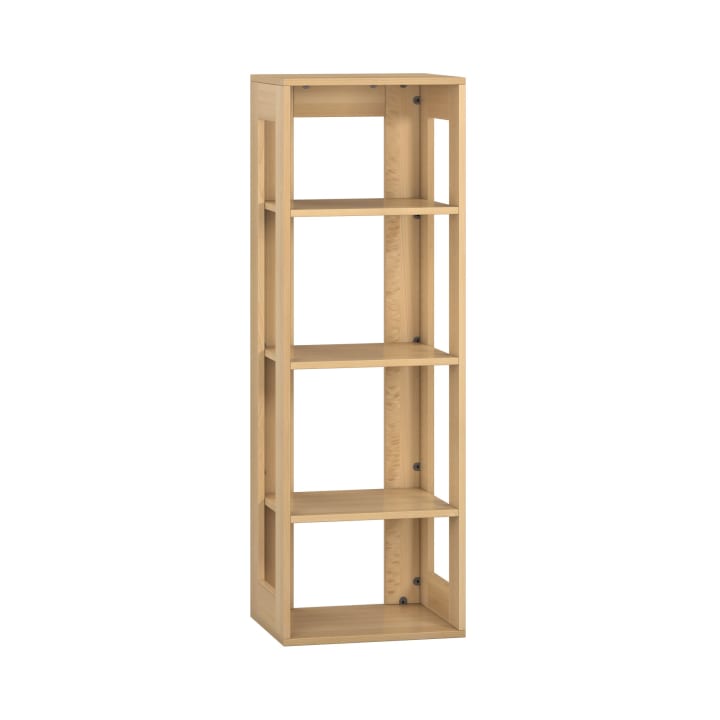 Ein hohes, rechteckiges Bücherregal aus Holz mit vier Einlegeböden und offenen Seiten, dargestellt vor einem weißen Hintergrund. Das Design ist einfach und modern und eignet sich zur Aufbewahrung oder Präsentation.