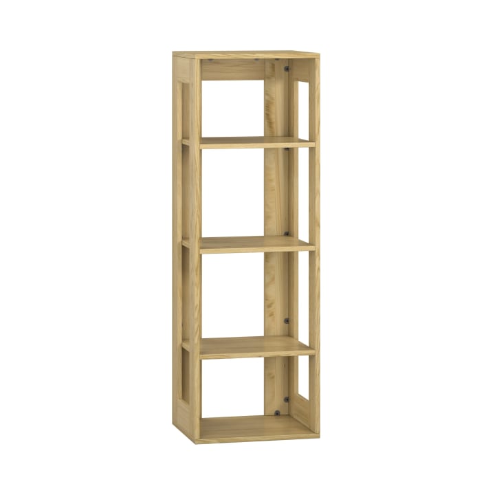 Ein freistehendes, rechteckiges Bücherregal aus Holz mit vier gleichmäßig verteilten Regalböden und einer offenen Rückwand vor einem schlichten weißen Hintergrund.