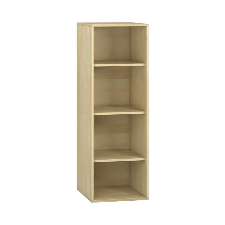 Ein Bücherregal aus hellem Holz mit vier gleichmäßig verteilten Regalböden und einer offenen Front vor einem schlichten weißen Hintergrund.