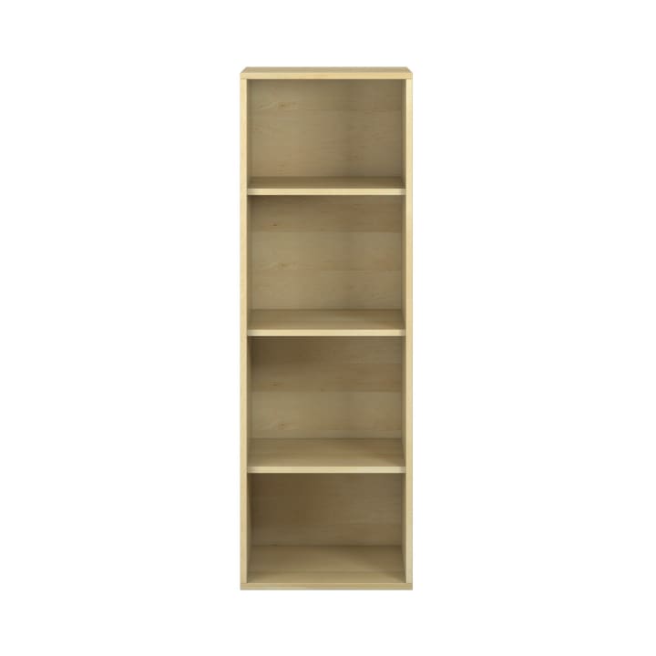 Ein hohes, rechteckiges Bücherregal aus hellem Holz mit fünf gleichmäßig verteilten Regalböden, das aufrecht vor einem schlichten weißen Hintergrund steht.