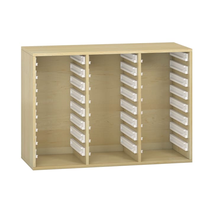 Ein Holzregal mit drei offenen Fächern, die jeweils mit mehreren Reihen weißer Kunststoff-Etikettenhalter an den Seiten versehen sind und für eine verstellbare Regalplatzierung ausgelegt sind.