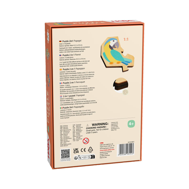 Die Rückseite einer Kinderpuzzlebox mit der Illustration eines Papageienpuzzles aus Holz, Produktinformationen in mehreren Sprachen, einer Altersempfehlung ab 4 Jahren, Sicherheitshinweisen und Herstellerangaben.