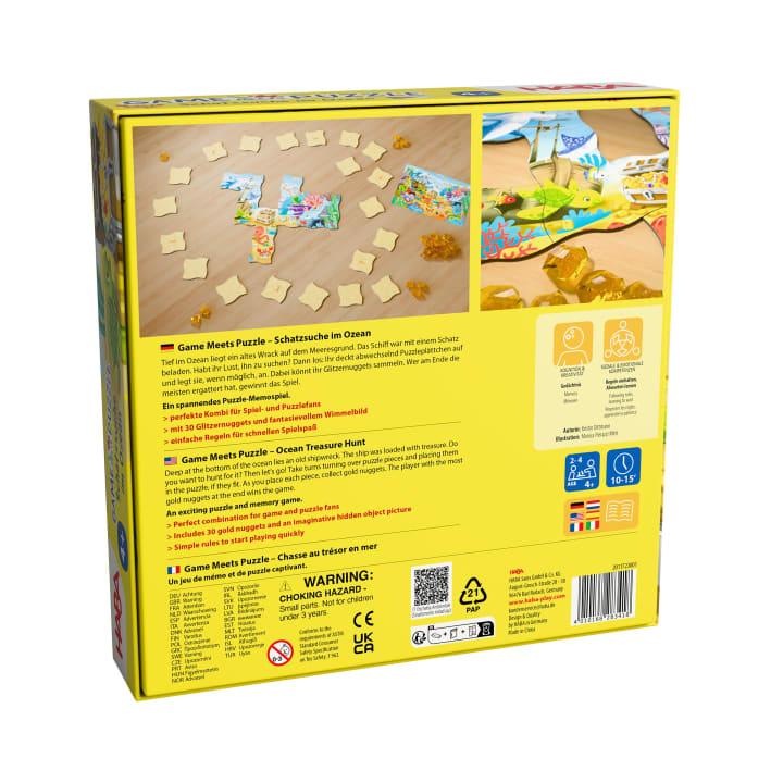 Die Rückseite einer Brettspielschachtel mit dem Titel Game Meets Puzzle - Ocean Treasure Hunt (Spiel trifft Puzzle - Schatzsuche im Ozean) zeigt Spielteile, Puzzleteile, Spielanweisungen, Sicherheitswarnungen und mehrsprachige Informationen auf gelbem Hintergrund.