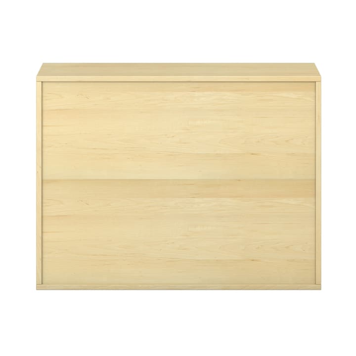 Eine helle Holzkommode mit zwei breiten Schubladen, von vorne gesehen vor einem schlichten weißen Hintergrund. Das Design ist einfach und minimalistisch, ohne sichtbare Griffe oder dekorative Elemente.