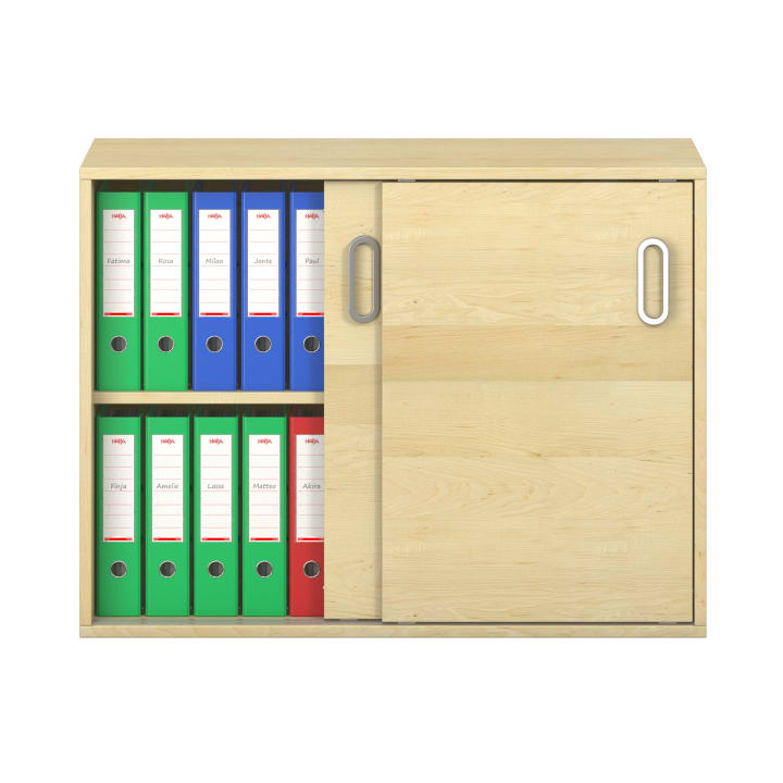 Ein heller Holzschrank mit einer Schiebetür, der auf der linken Seite zwei Reihen bunter Ringbücher - blau, grün und rot - enthält; die rechte Seite ist durch die geschlossene Tür verdeckt.