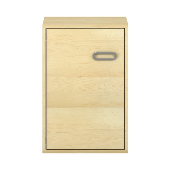 Ein rechteckiger Aufbewahrungsschrank aus Holz mit einer hellen Holzoberfläche, einer einzelnen Fronttür und einem horizontalen, ovalen Metallgriff. Der Schrank hat einfache, klare Linien und ein modernes Design.