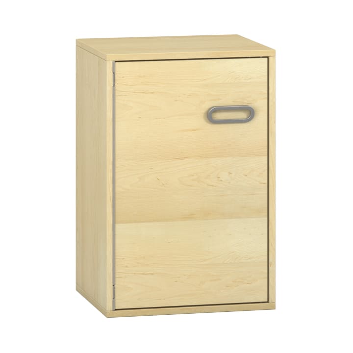 Ein kleiner, rechteckiger Holzschrank mit einer hellen Holzoberfläche, einer einzelnen Tür und einem grauen, länglichen Griff. Der Schrank ist vor einem schlichten weißen Hintergrund abgebildet.